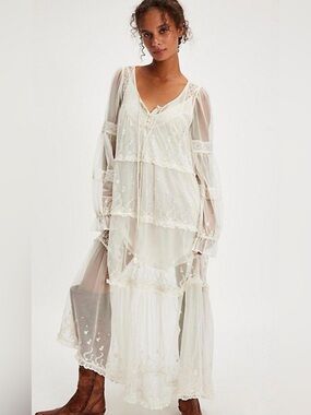 Free People Stevie Embroidered Sheer Mesh Maxi Dress Size Small Ivory